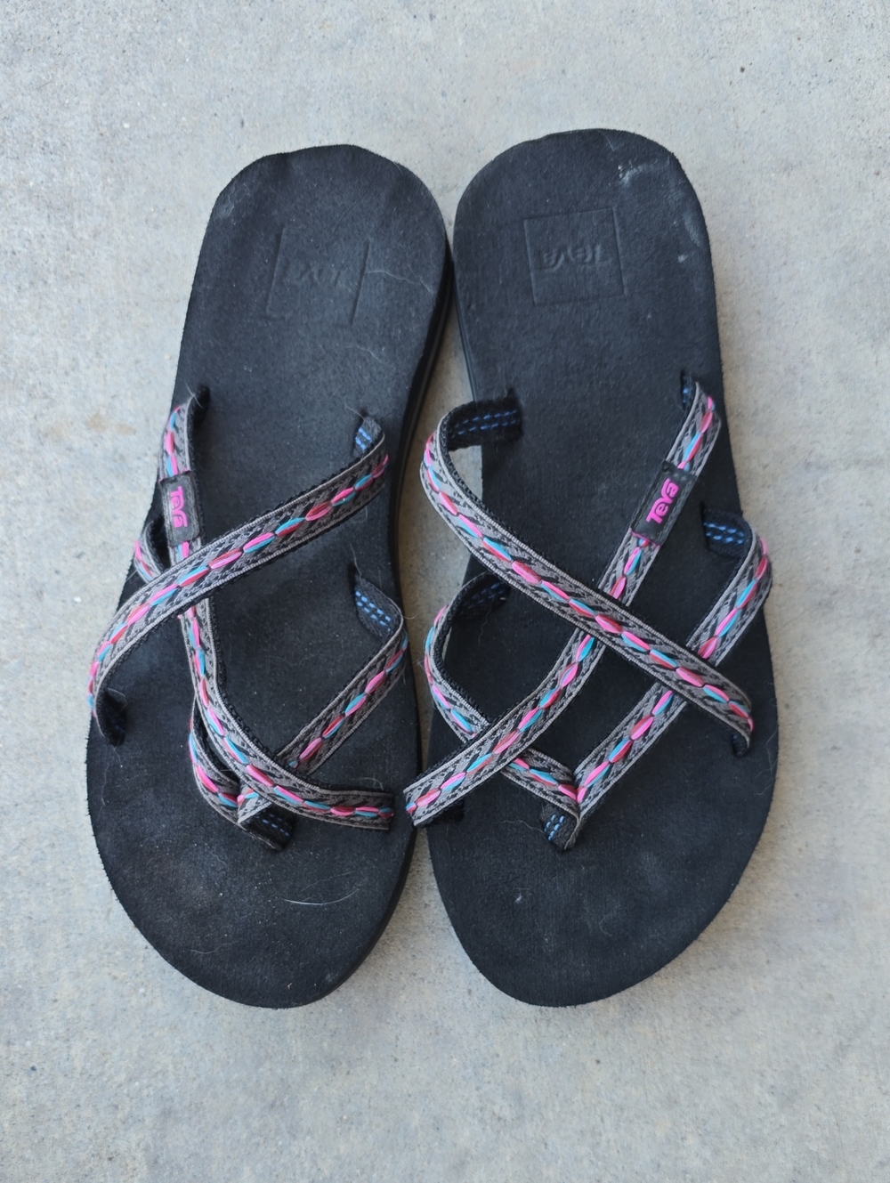 Teva Women’s Black Sandals with Pink and Blue Braided Straps